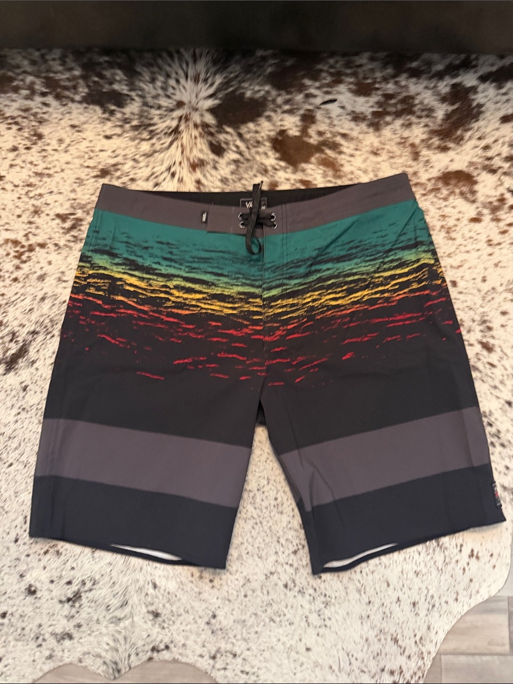Vans Black Boardshorts with Green, Yellow & Red Wave Print
